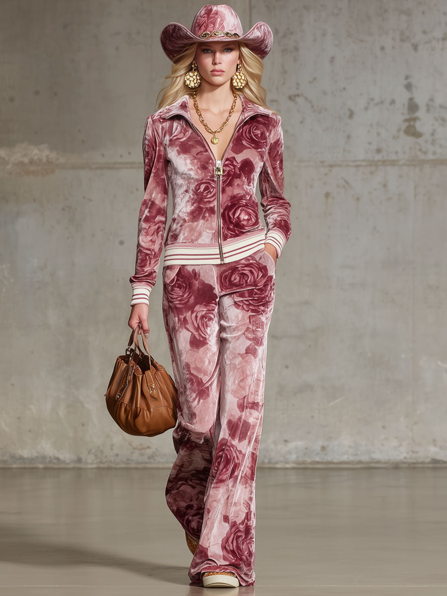 Ensemble Chic en Velours Imprimé Rose : Top à Zip et Pantalon Coordonné
