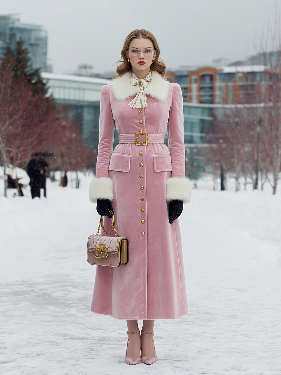 Veste en Velours Rose Élégante avec Col et Manches en Fourrure
