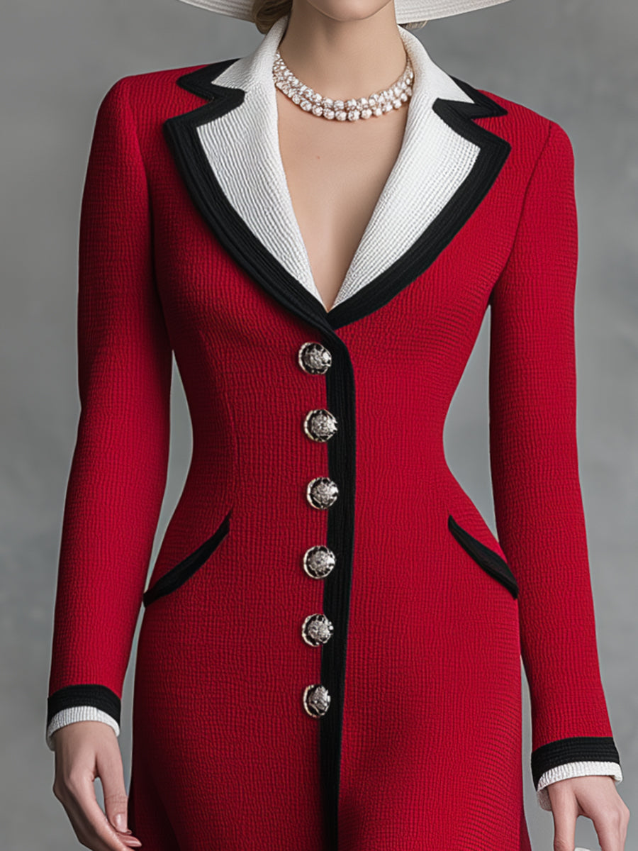 Robe Midi Rouge Tricotée A-Line avec Col Chic et Romantique