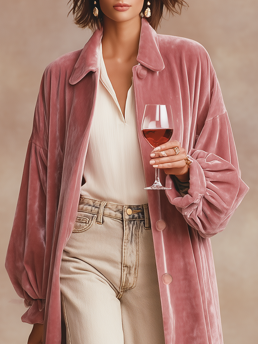 Élégant Manteau Long en Velours avec Revers Chic