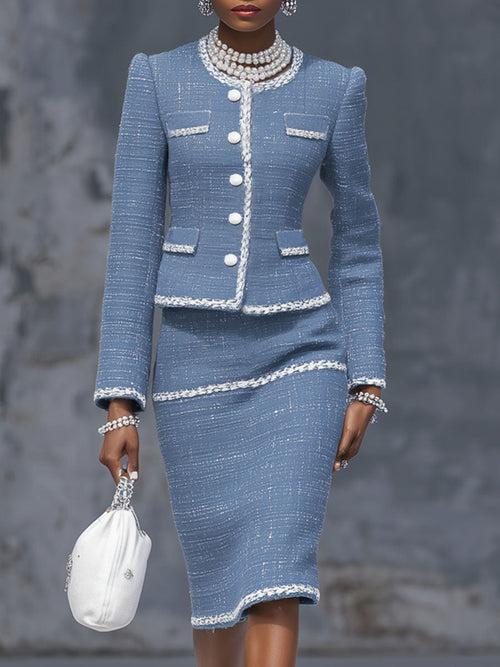 Ensemble Chic : Veste à Boutons Simples et Jupe en Tweed