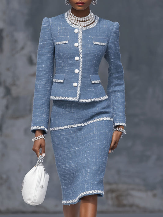 Ensemble Chic : Veste à Boutons Simples et Jupe en Tweed
