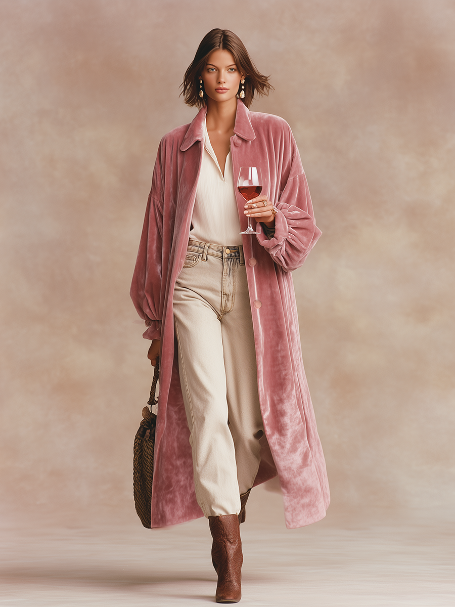 Élégant Manteau Long en Velours avec Revers Chic