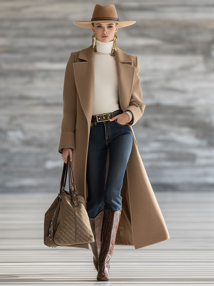 Veste Longue en Laine Kaki Foncé au Style Rétro avec Col Oversize