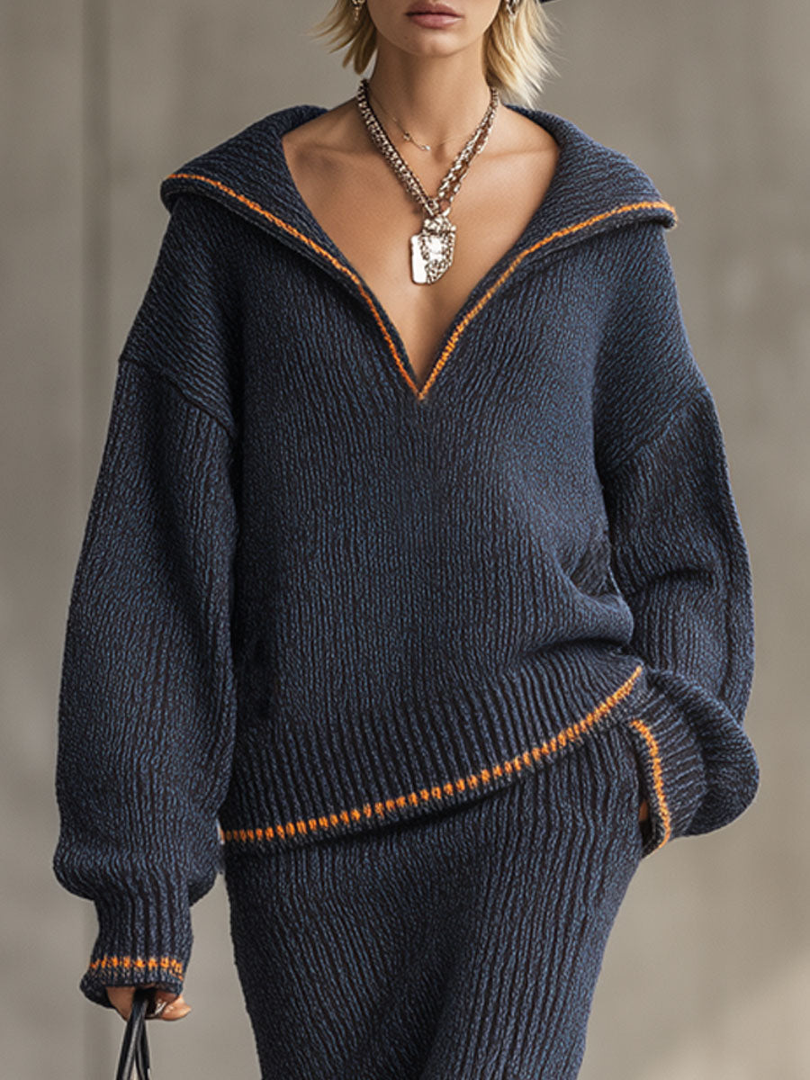 Ensemble Tricoté Chic : Pull et Jupe Contrastés pour un Look Élégant