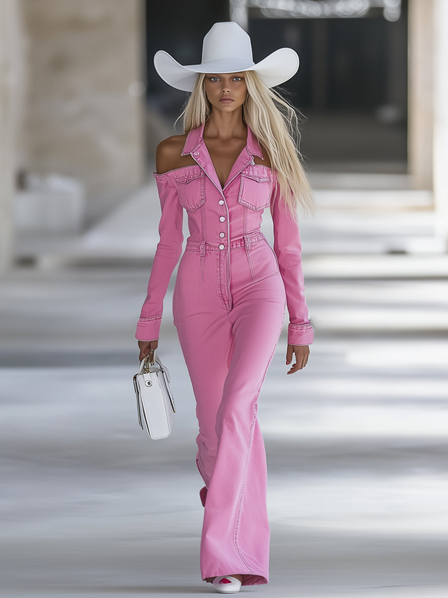 Combinaison en denim rose tendance, personnalisable, avec col décolleté et manches longues évasées