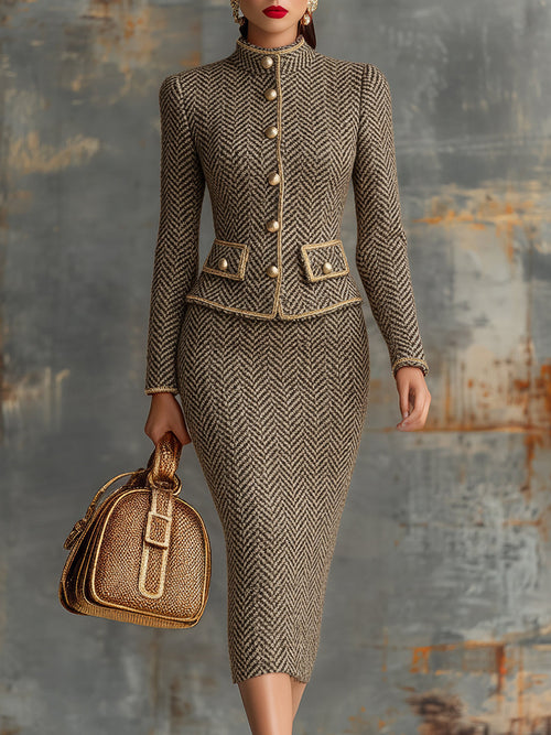 Ensemble Chic : Veste à Col Montant et Jupe Herringbone Vintage avec Détails Dorés
