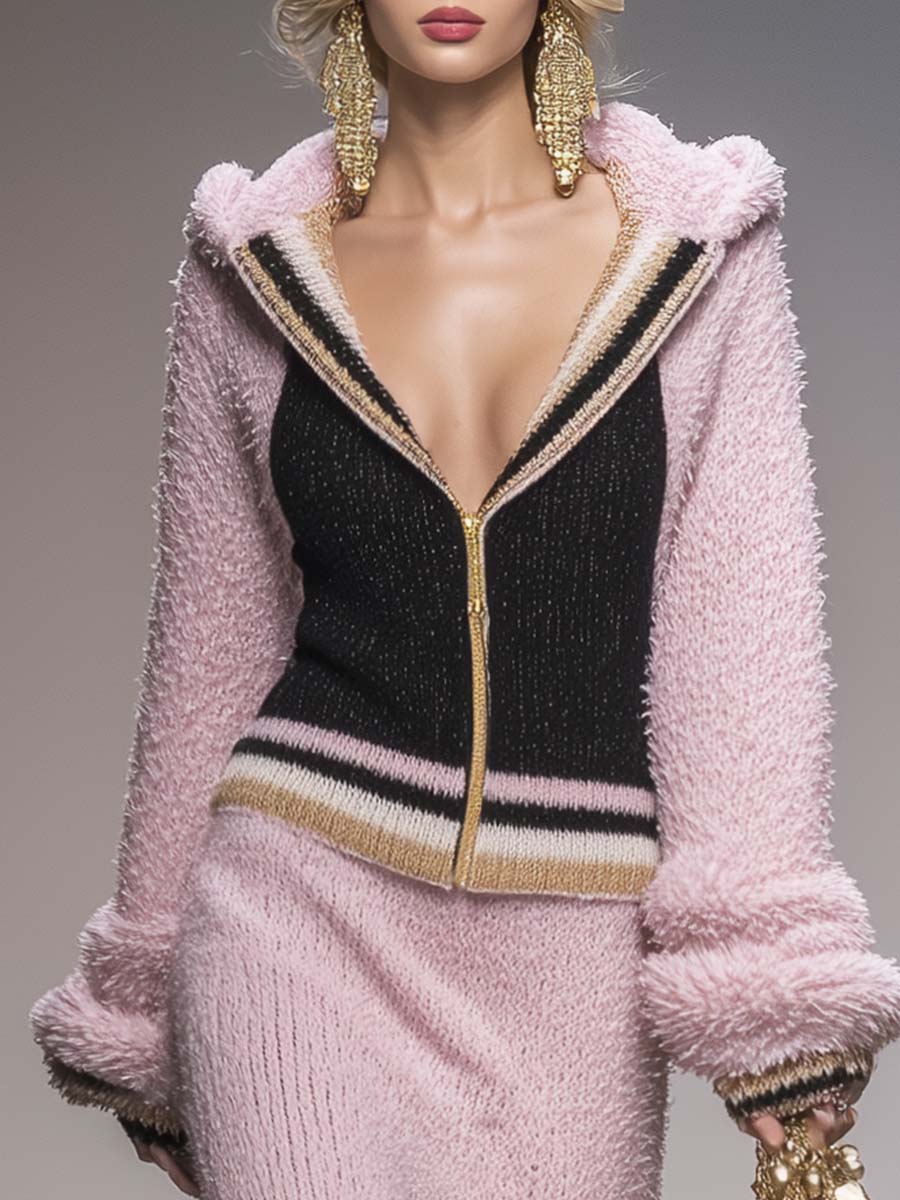 Ensemble Sportif Chic Rétro : Sweat à Capuche Zippé et Jupe