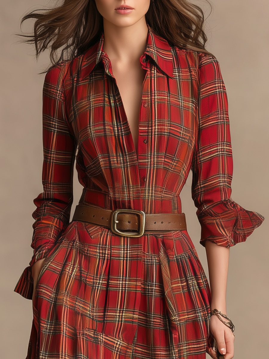 Maxi Robe Longue à Col en Tartan Vintage
