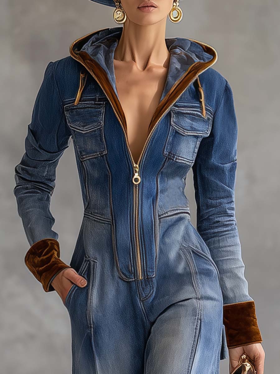Combinaison Vintage Western en Velours Denim Bleu avec Capuche et Col V Zippé