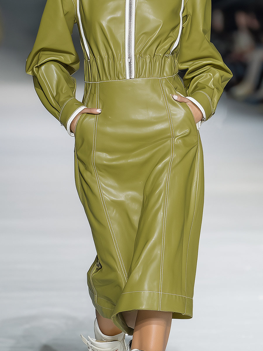 Chic Midi Hoodie Dress in Trendy Green Faux Leather