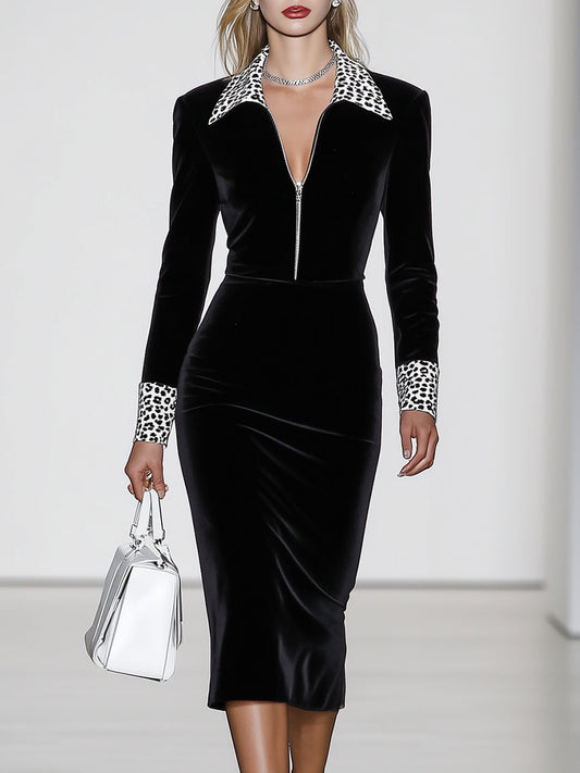 Robe Midi Vintage en Velours Noir avec Col V et Manches Longues