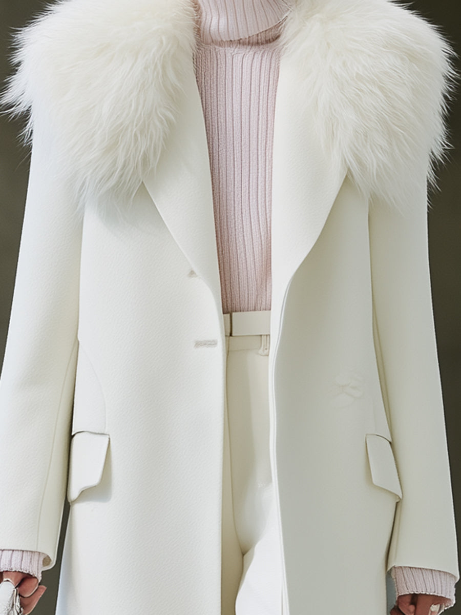 Longue Manteau Écologique en Laine avec Col Blanc Élégant