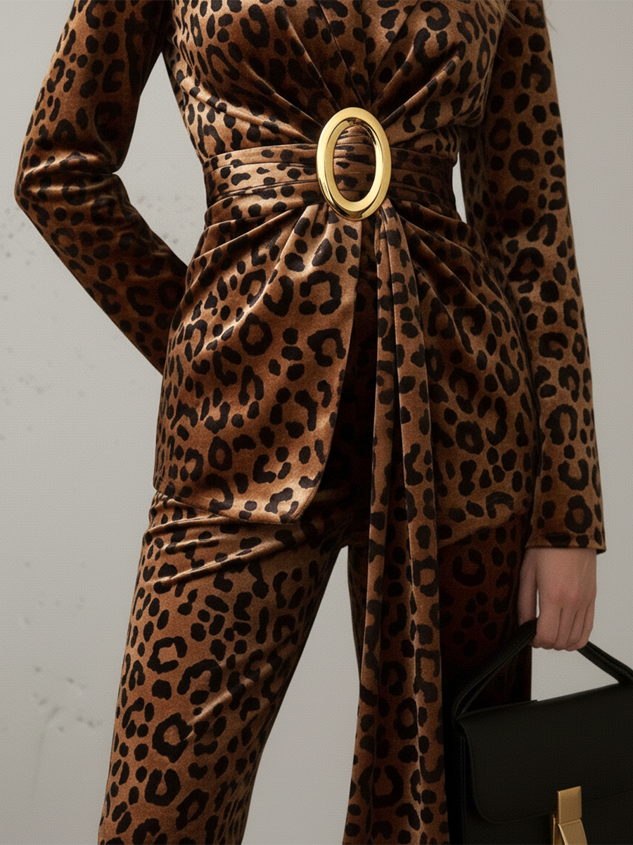 Ensemble Vintage en Velours Imprimé Léopard : Veste et Pantalon Chic