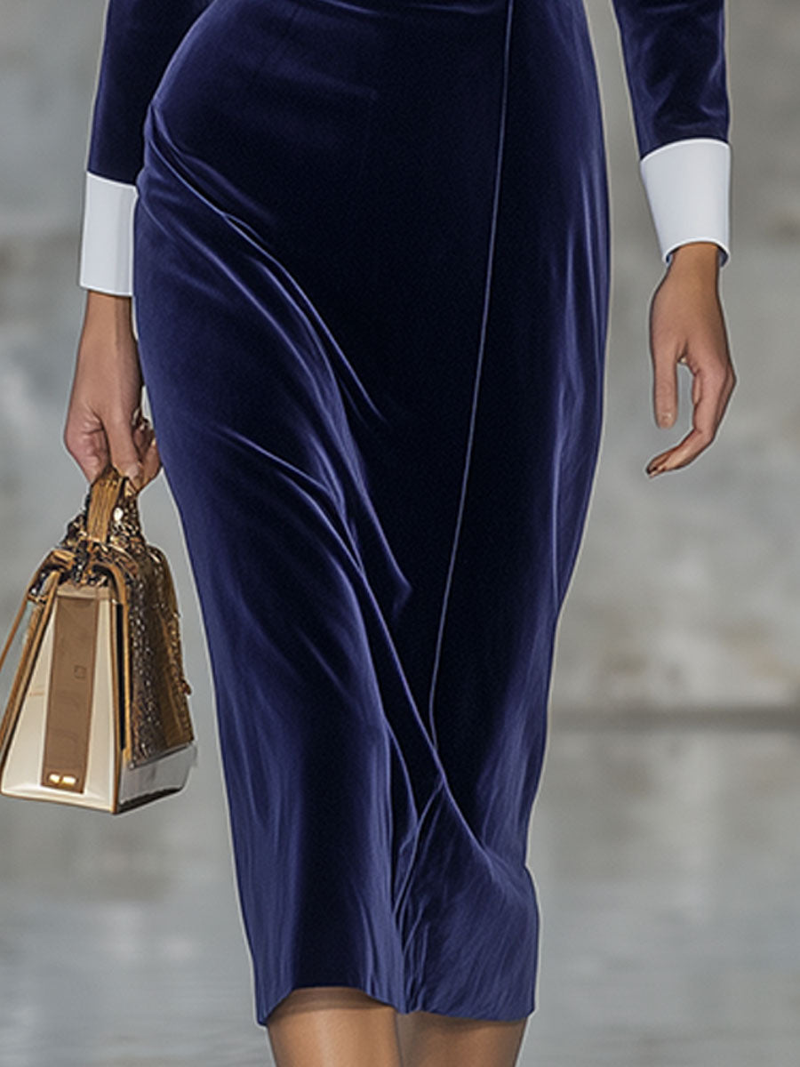 Robe Midi en Velours Bleu Élégant au Style Rétro avec Revers Croisé