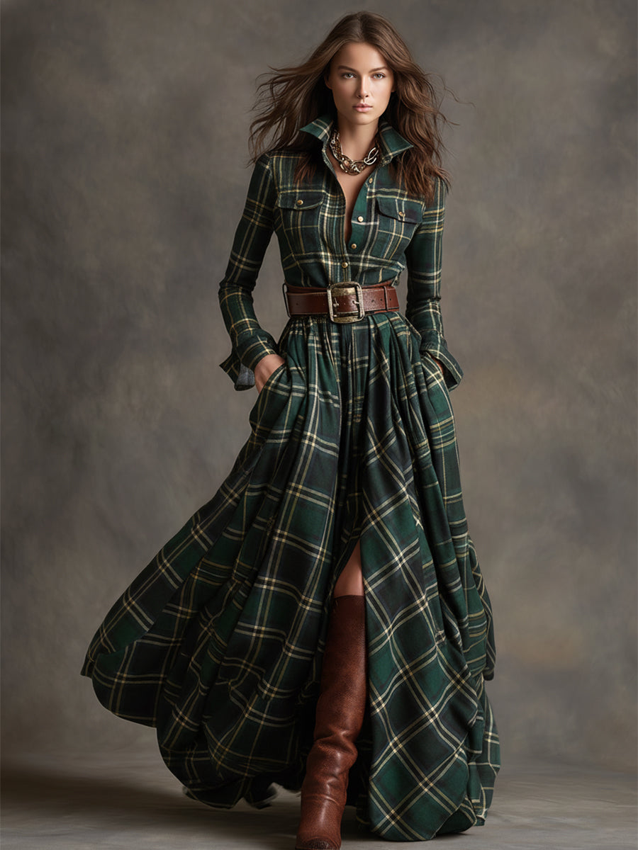 Robe Maxi Rétro à Carreaux Marron Rouge avec Col Ethnique