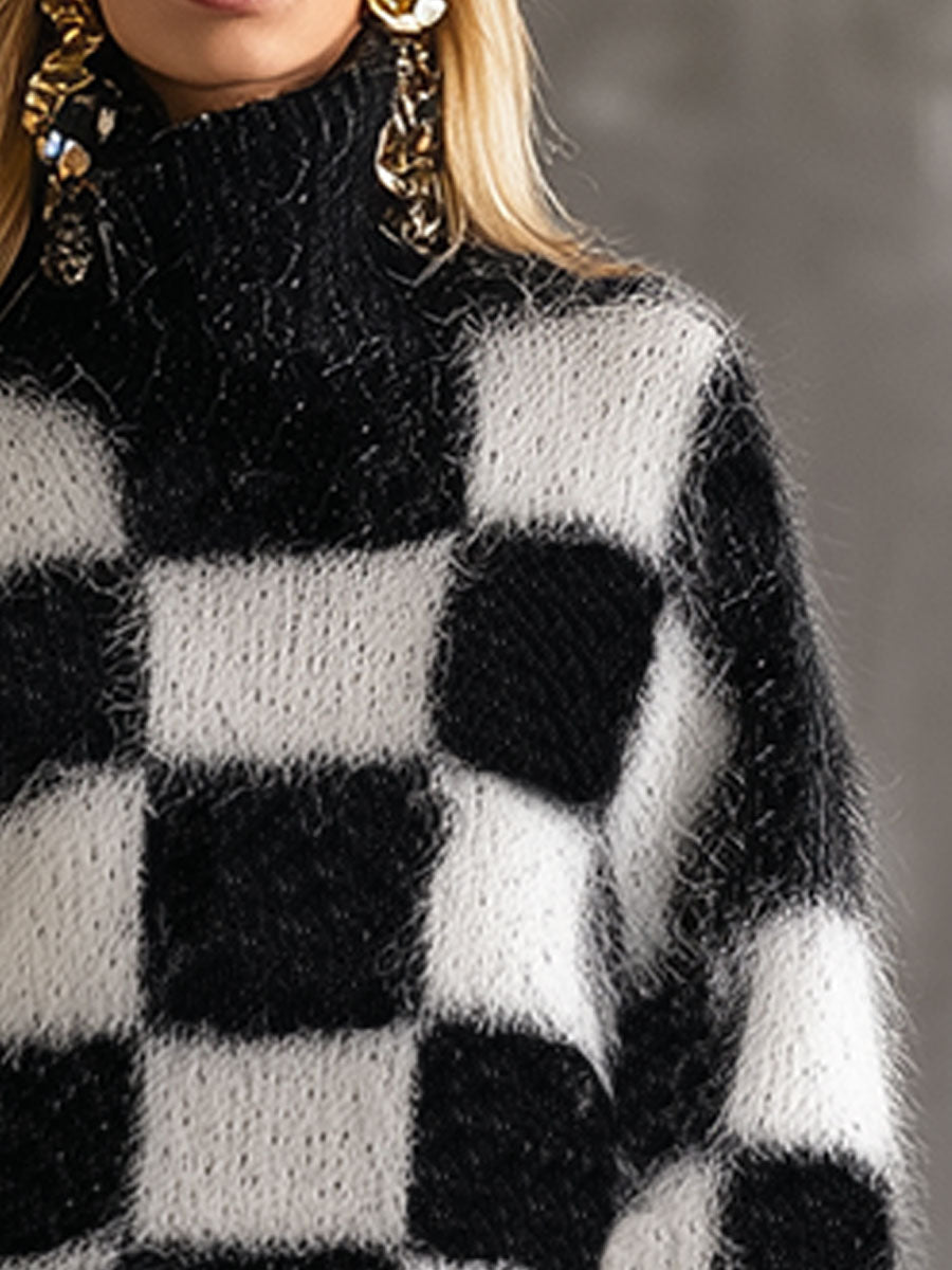 Pull Rétro à Col Roulé en Carreaux Noir et Blanc - Style Décontracté