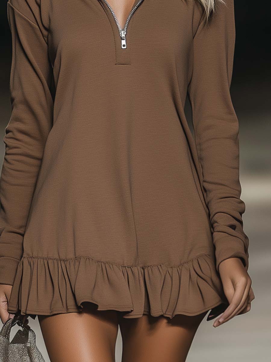 Robe Décontractée Marron à Manches Longues avec Capuche et Ourlet Volant