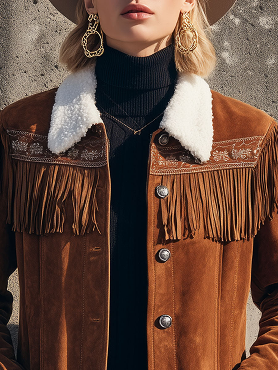 Veste Western en Faux Suède Brodée avec Col Sherpa