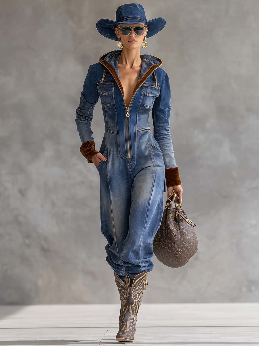 Combinaison Vintage Western en Velours Denim Bleu avec Capuche et Col V Zippé