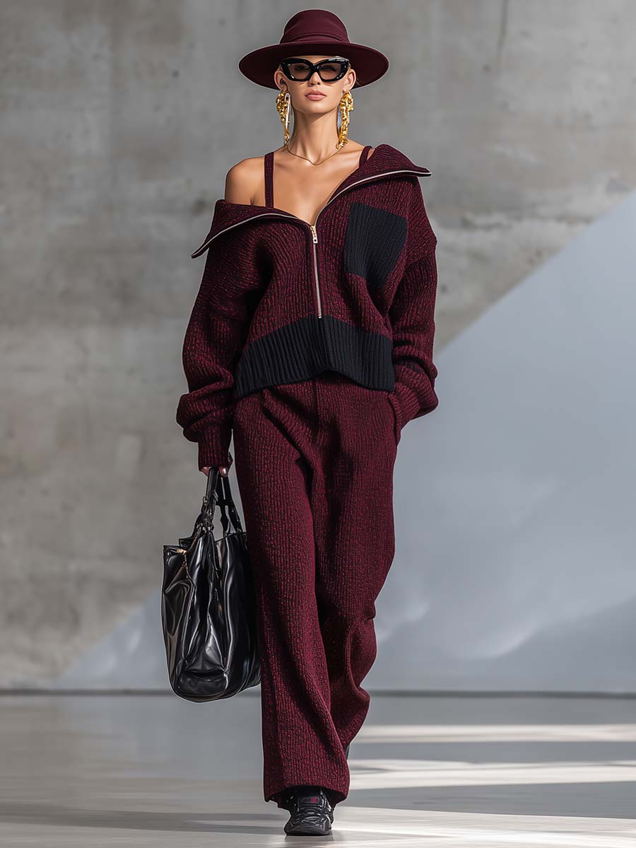 Ensemble Chic en Tricot Bordeaux avec Zip Avant et Col Off-Shoulder