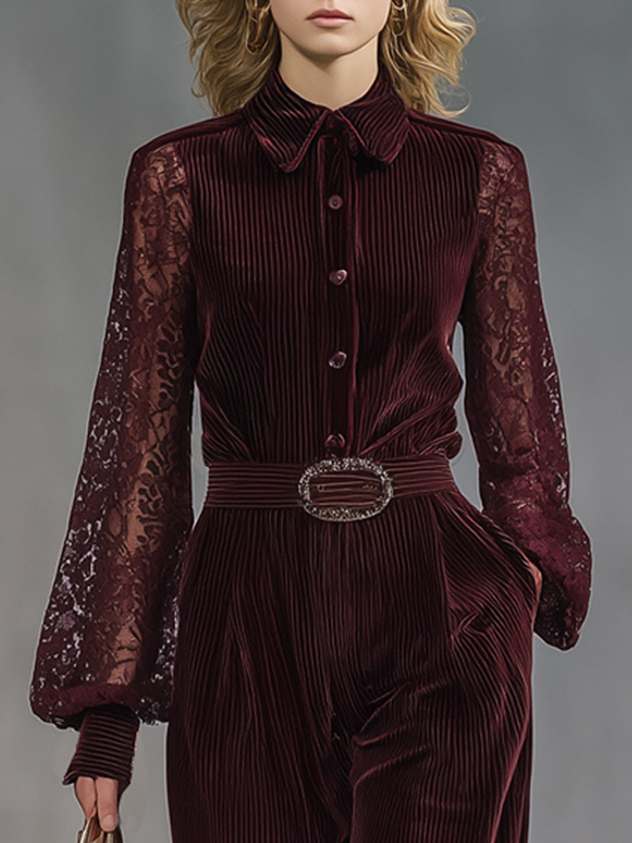 Combinaison Pantalon Large en Velours Côtelé Rouge Vin avec Détails en Dentelle et Manches Longues – Style Rétro
