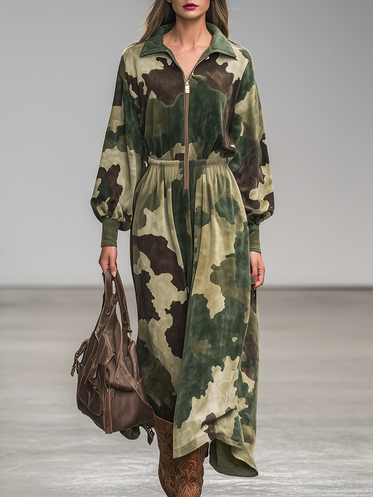 Robe Maxi en Suédine Camouflage à Col Zippé - Style Sportif Rétro