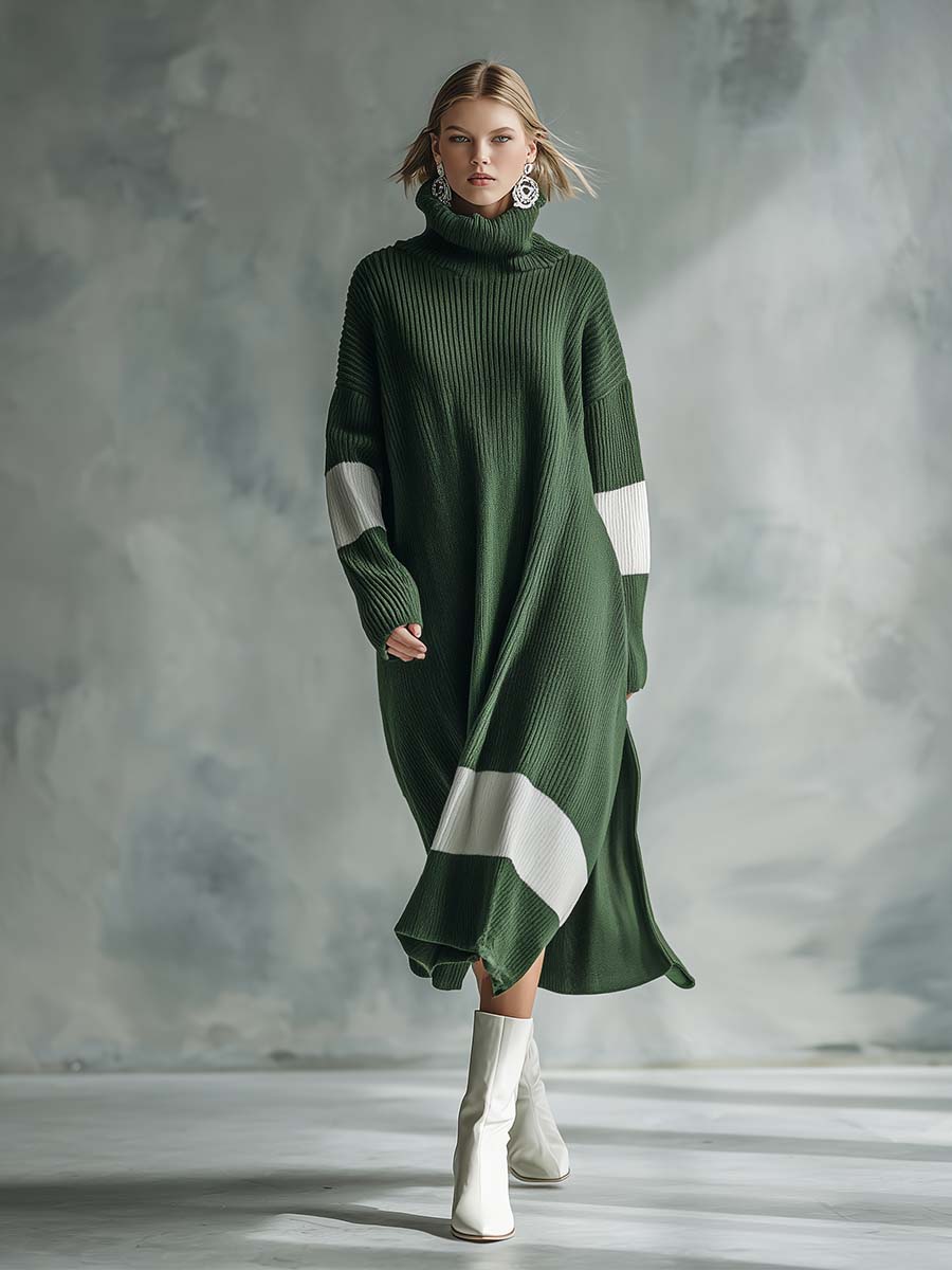 Robe Maxi Tricotée Élégante avec Col Montant Contrasté en Vert