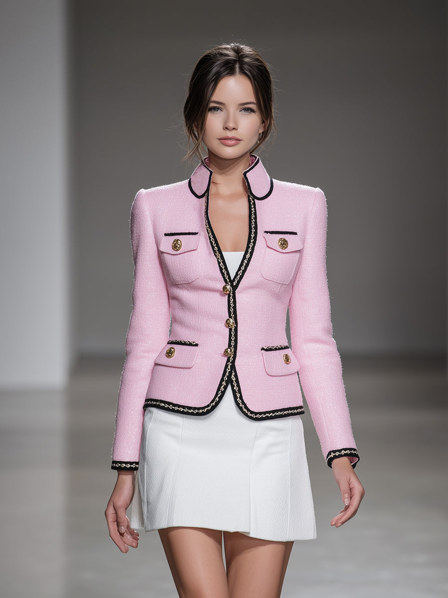 Veste en Tweed Rose Élégante avec Col Rond en Satin Noir et Boutons Dorés