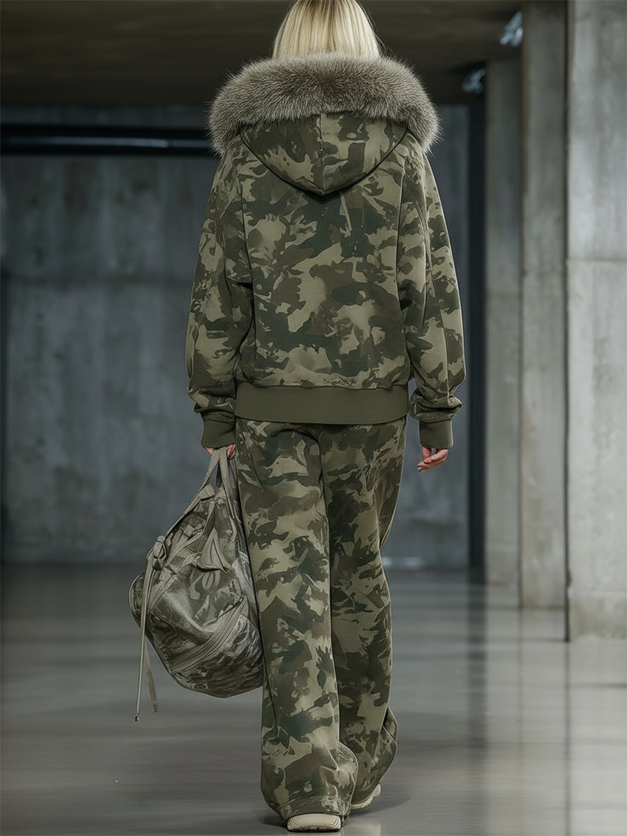 Ensemble Décontracté : Sweat à Col en Fausse Fourrure et Pantalon Large Camouflage