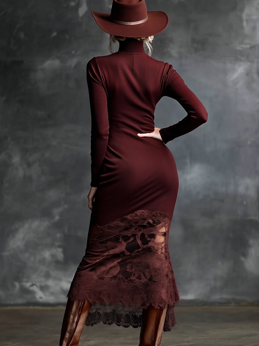 Maxi Robe Tricotée Bordeaux avec Col Montant et Ourlet en Dentelle Élégante