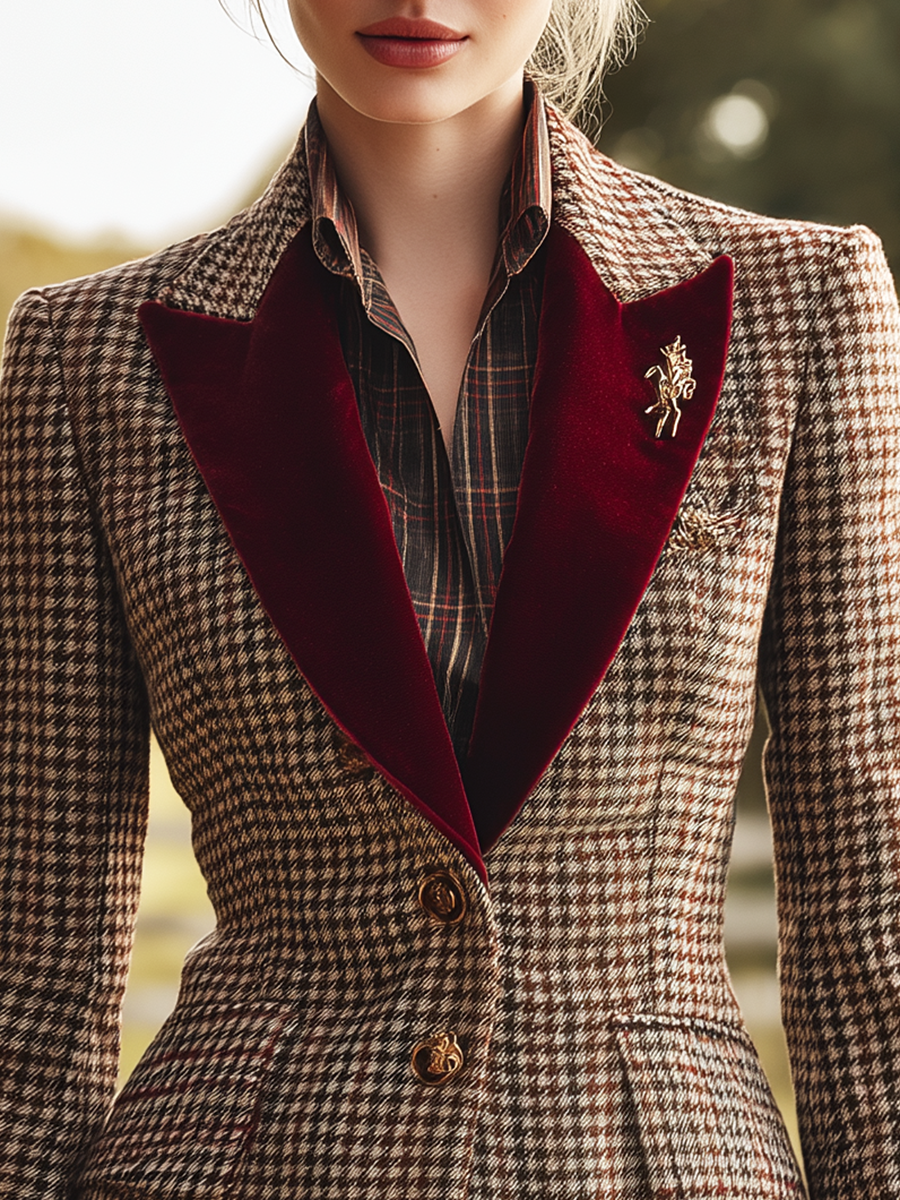 Élégant Blazer Houndstooth à Carreaux avec Revers en Velours Rétro