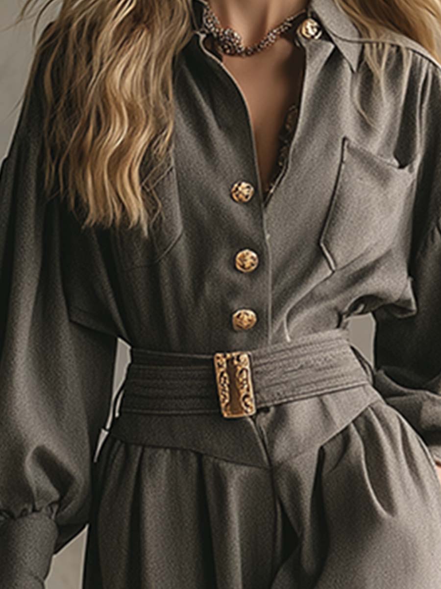 Robe Maxi Élégante en Laine Grise avec Col Boutonné