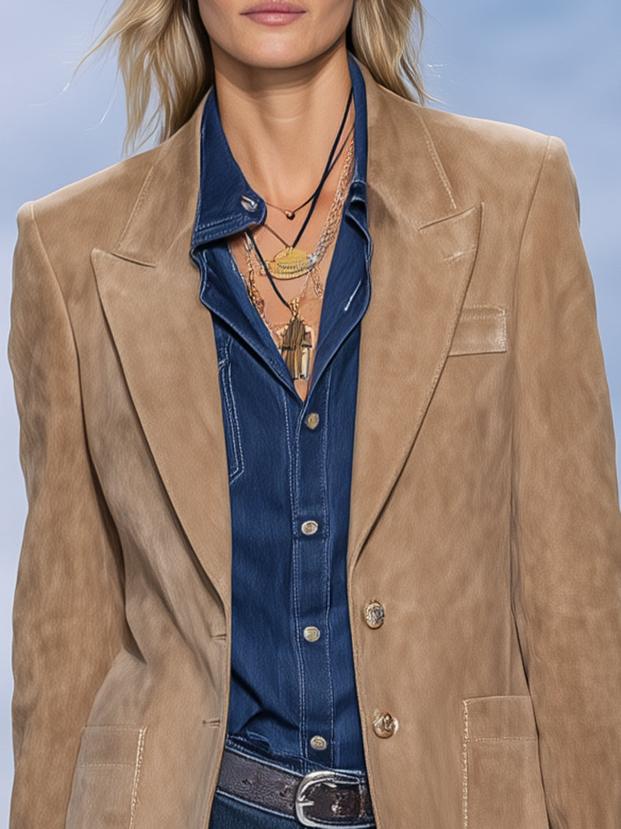 Veste Décontractée en Suédine Kaki au Style Vintage