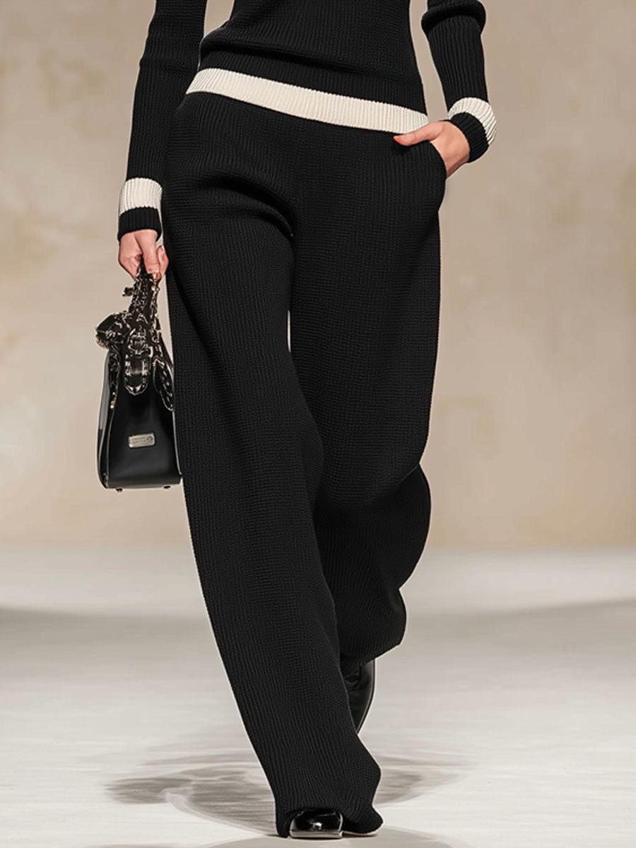 Ensemble Tricoté Chic : Pull Col Roulé Contrasté et Pantalons Évasés