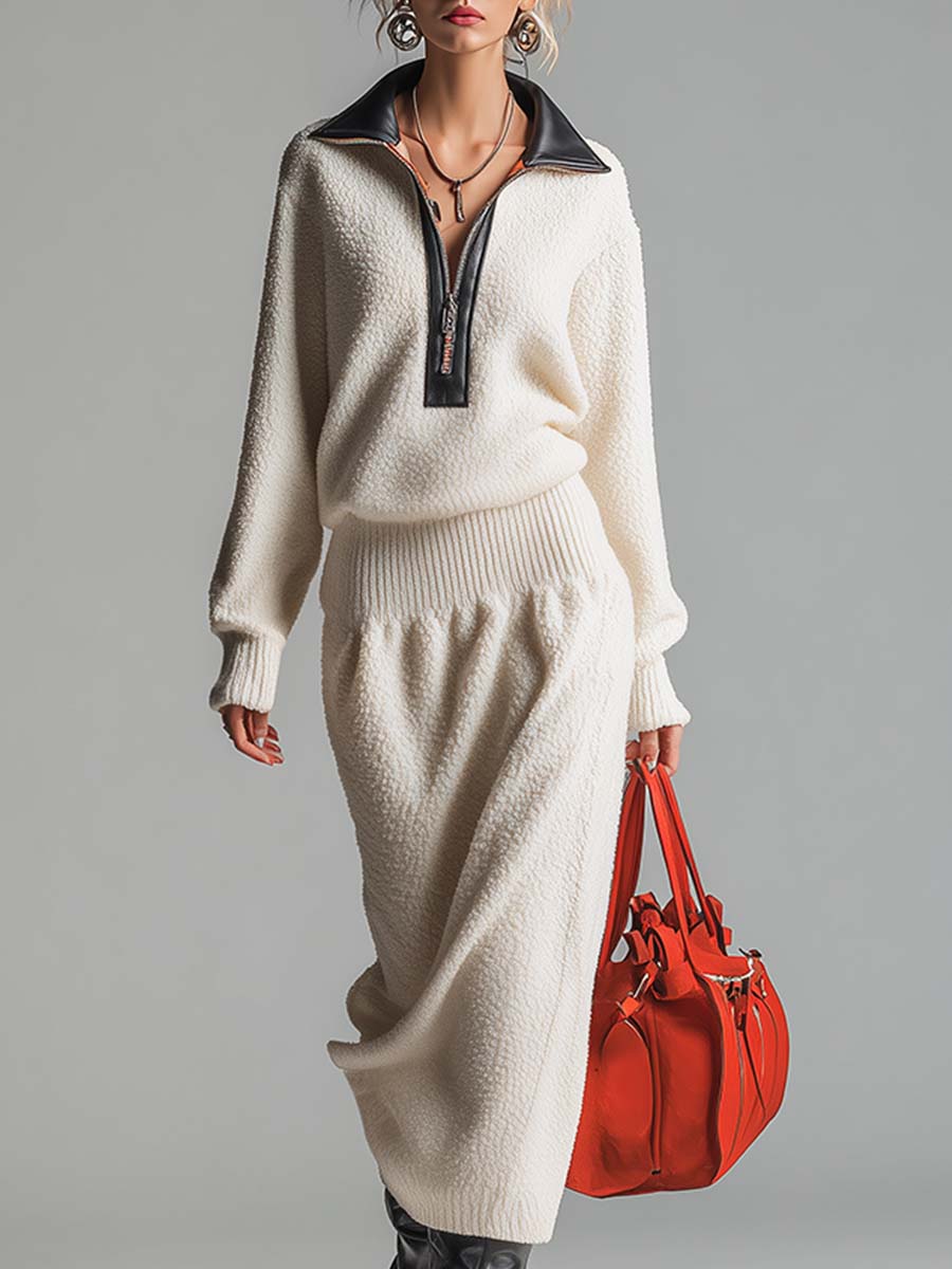 Robe Maxi en Polaire Écrue avec Accents en Cuir et Fermeture Éclair Demi-Zippée