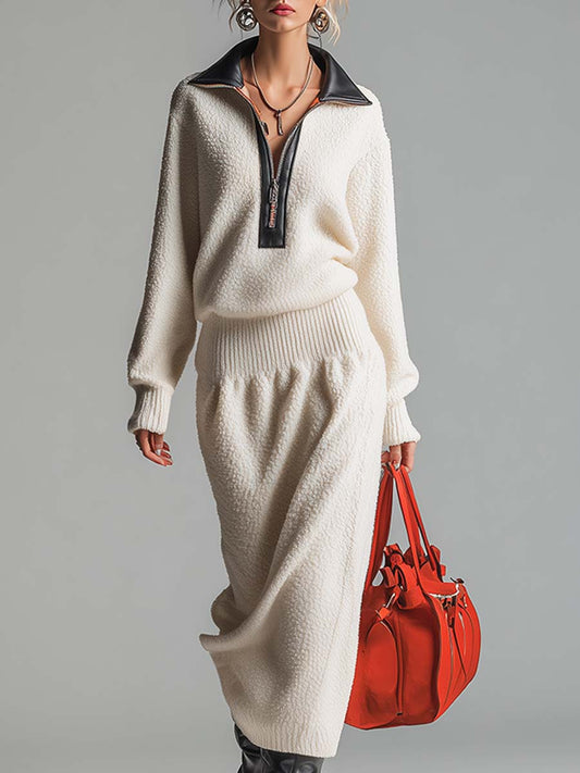 Robe Maxi en Polaire Écrue avec Accents en Cuir et Fermeture Éclair Demi-Zippée