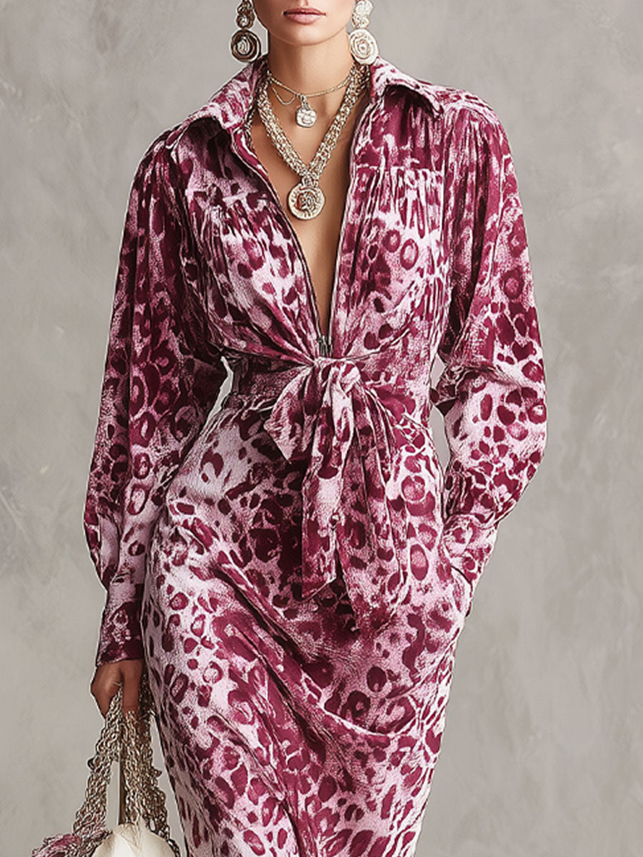 Robe Midi en Velours à Imprimé Léopard avec Demi-Zip