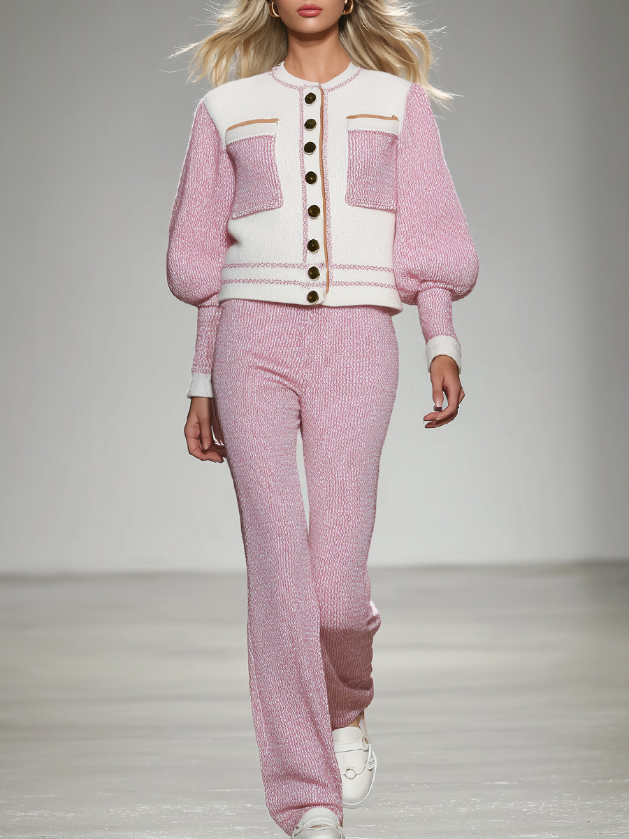 Ensemble Élégant en Tricot Blanc et Rose : Veste et Pantalon Chic et Tendance
