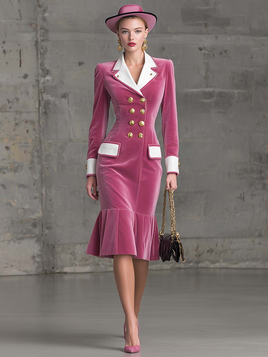 Robe Midi en Velours Rose à Col Notch et Boutonnage Double - Élégance Rétro avec Ourlet en Feuille de Lotus