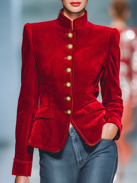 Veste Vintage en Velours Élégante avec Col Montant et Détails en Métal