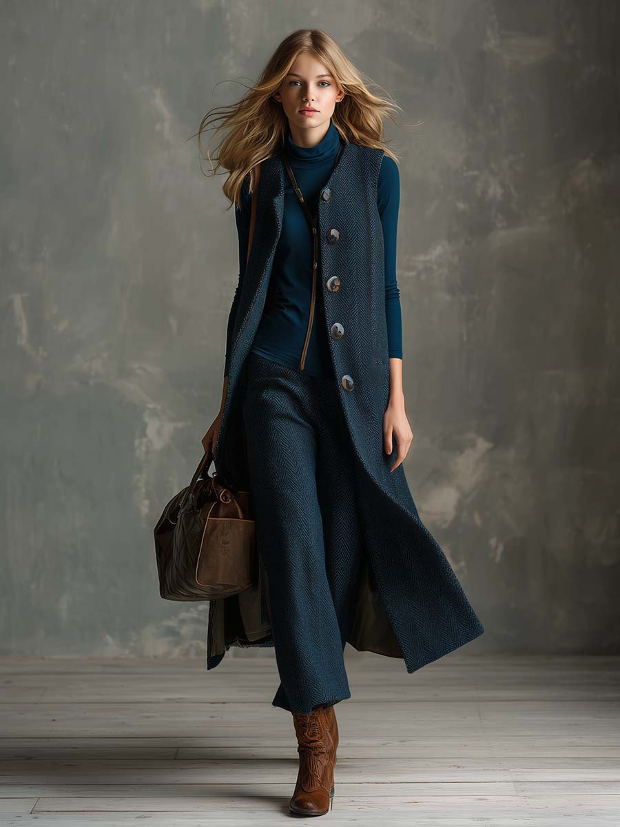 Élégant Gilet Long en Herringbone Bleu Vintage