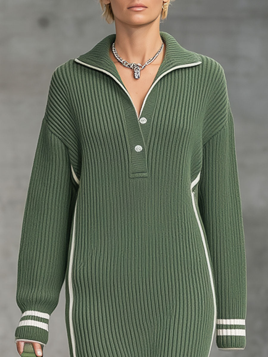 Robe Midi Tricotée Verte avec Fente et Détails Blancs : Élégance Décontractée