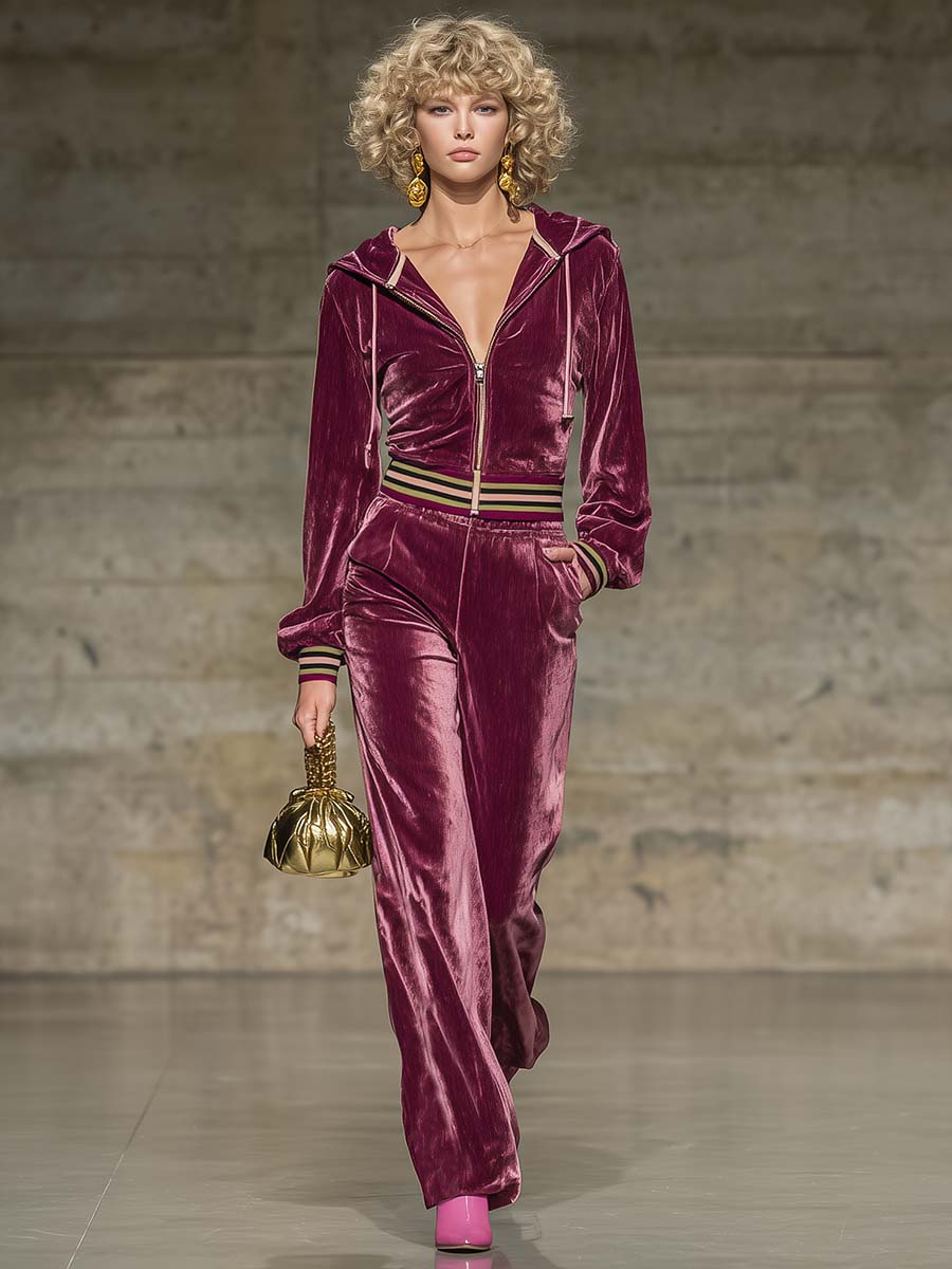 Ensemble Chic en Velours Bourgogne : Haut et Pantalon à Capuche avec Zip