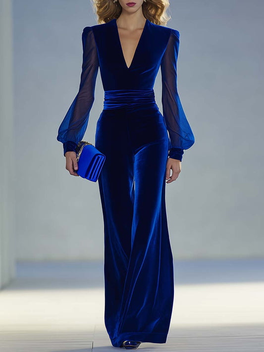 Élégante Combinaison Vintage en Velours Bleu Royal avec Manches Longues et Décolleté en V