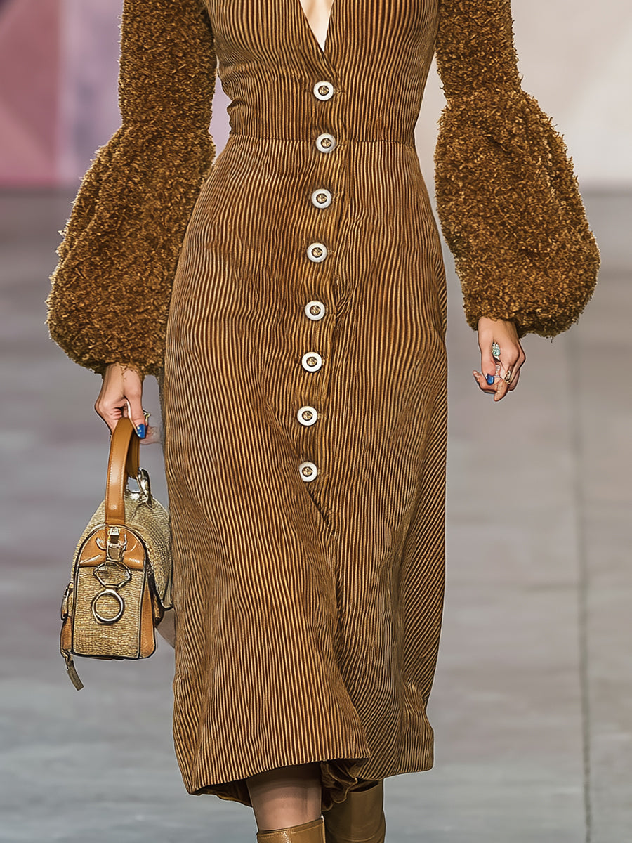 Robe Midi Vintage Western en Velours Côtelé Marron avec Manches en Peluche et Décolleté en V