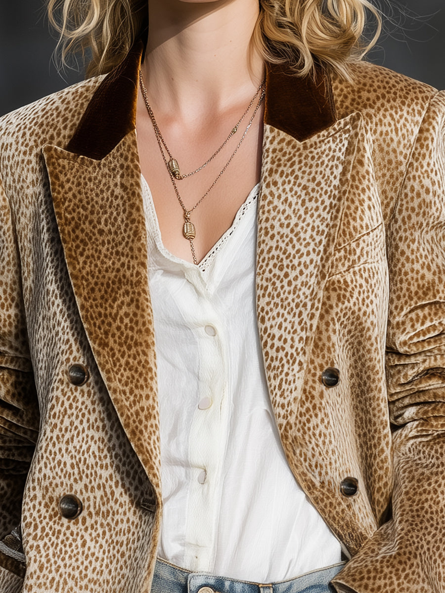 Veste en velours rétro à col color-block et motif léopard tendance