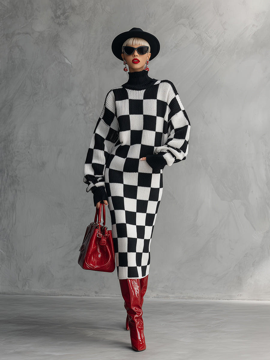 Robe Midi Tricotée à Motif Carreaux Noir et Blanc : Élégance Rétro et Tendance