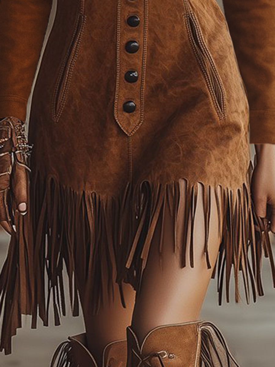 Robe Suédine Marron Longue à Franges - Élégance Western