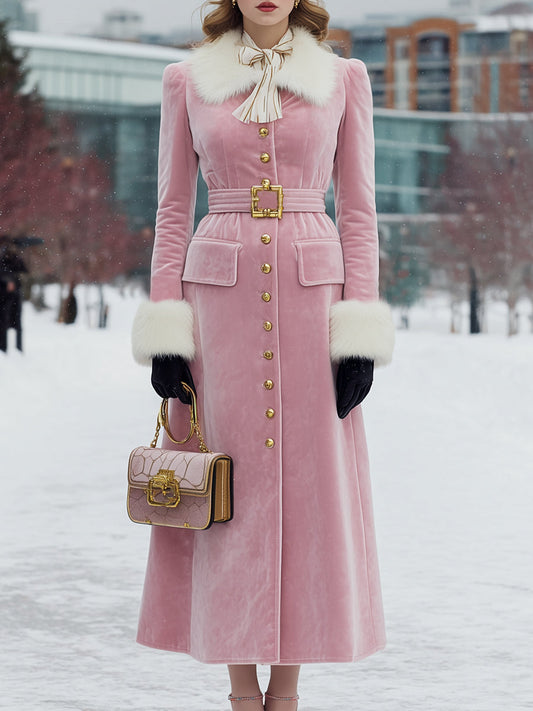 Veste en Velours Rose avec Col et Poignets en Fourrure